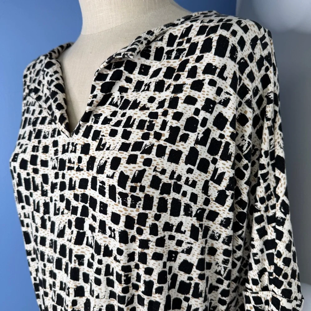 Chicos Split Neck Tie Waist Dress Women's Size 3 XL Black‎ & White 3/4 Sleeve